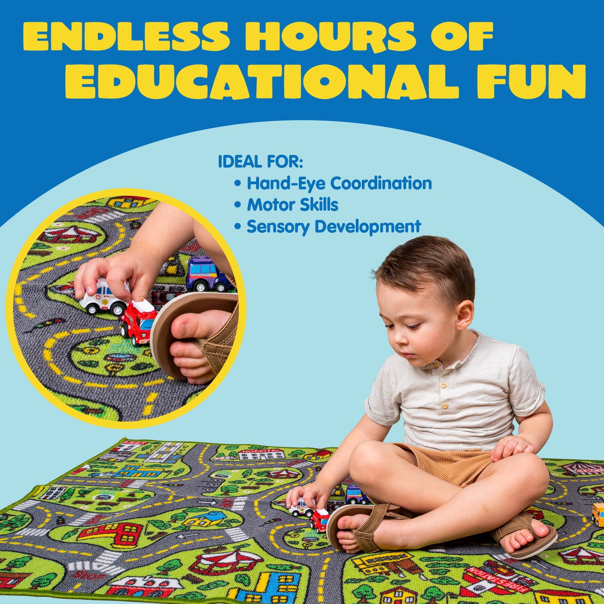Joyfy Kids Rug for Playroom, Durable City Car Track Playmat Rug with 12 Mini Vehicle Set,58.5" x 31.5"