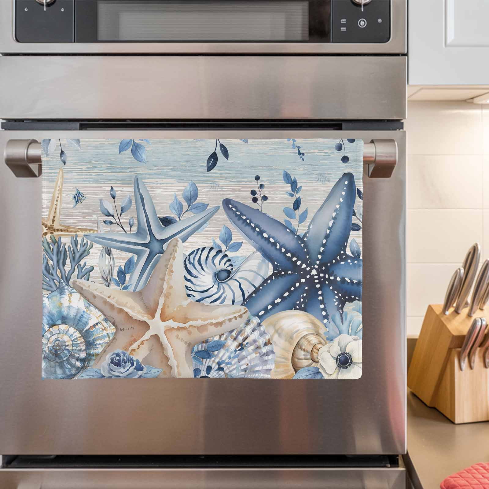 Blue Starfish Coastal 1 Pack Kitchen Towel, Water Absorbent Dish Towel, Eucalyptus Summer Nautical Shell Vintage Decorative Hand Towels - Quick Drying Cloth for Cooking Baking, 18x28 Inch