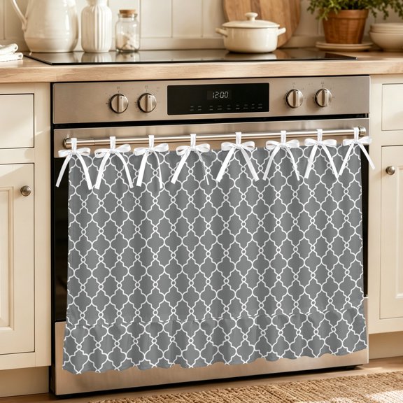 Oven Skirt Curtain for Kitchen 20x27 Inch, Modern Geometric Grey Oven Curtain with 8 Ribbon Ties & Ruffle Trim, Stove Skirt Curtain Dishwasher for Cabinets Sinks Abstract Classic Moroccan Minimalist