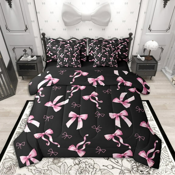 Homewish Pink Bowknot Bowtie Twin Bedding Sets 7-Piece for Girls, Princess Bow Knot Bedding Comforter Set, Black Pink Sheet Sets, Lightweight Room Decor