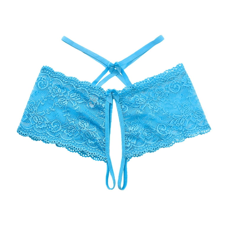 Qcmgmg Panties for Women Sexy Hollow Out No Show Low Rise String Thongs and  G String Soft Lace Stretch Women's Underwear Sky Blue Free Size 