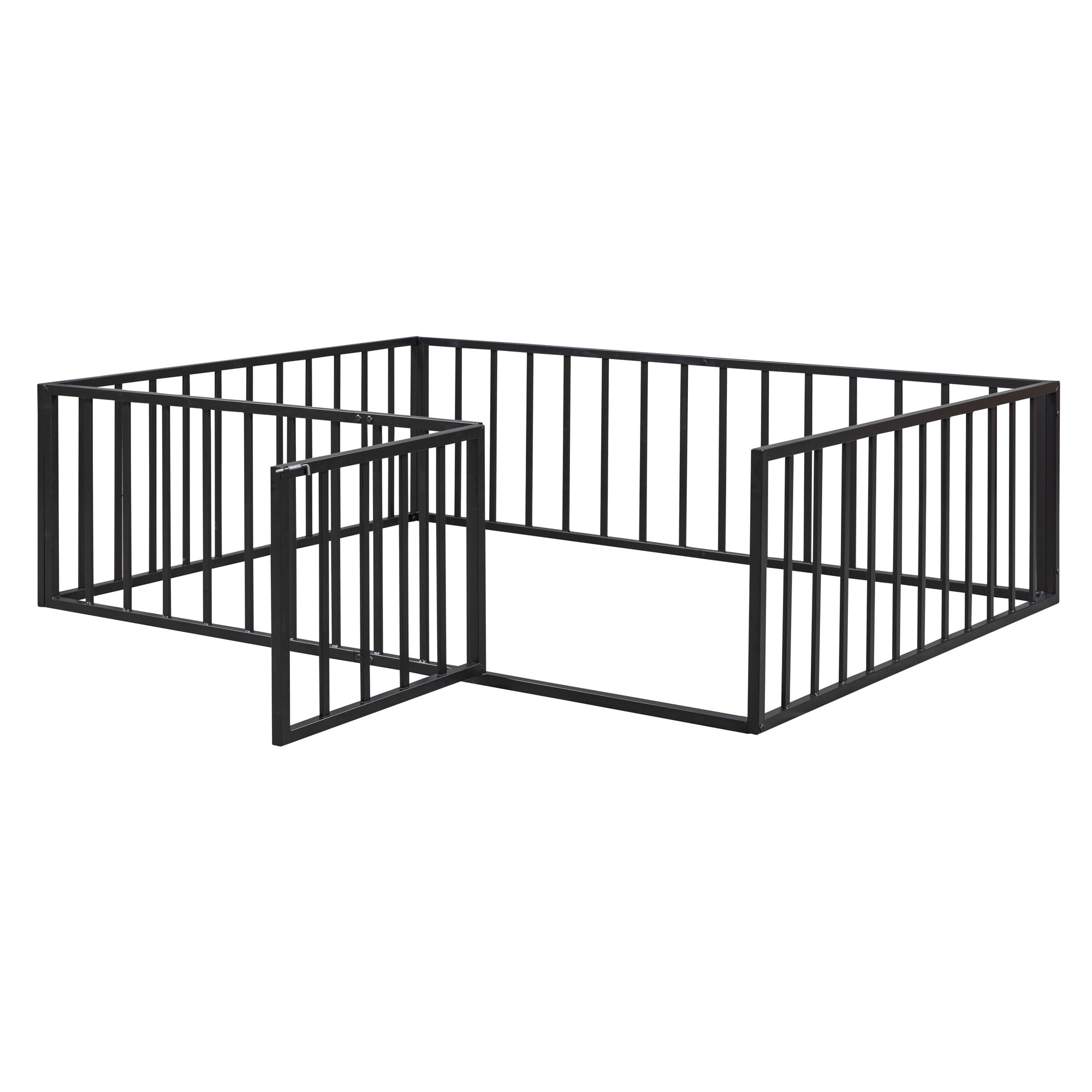 Full Floor Bed Frame for Kids, Metal Montessori Floor Bed with Door, Full Size Bed Frame with Fence-Shaped Guardrails, Floor Full Bed for Kids, Boys, Girls
