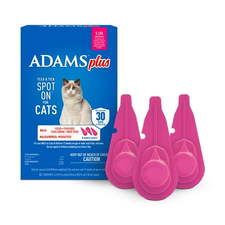 ADAMS Plus Flea and Tick Prevention Spot On for Cats, 5 lbs and over, Kills Fleas, Flea Eggs, Flea Larvae and Deer Ticks, Kills and Repels Mosquitoes For 30 Days, 3-Month Supply, 3 Pack