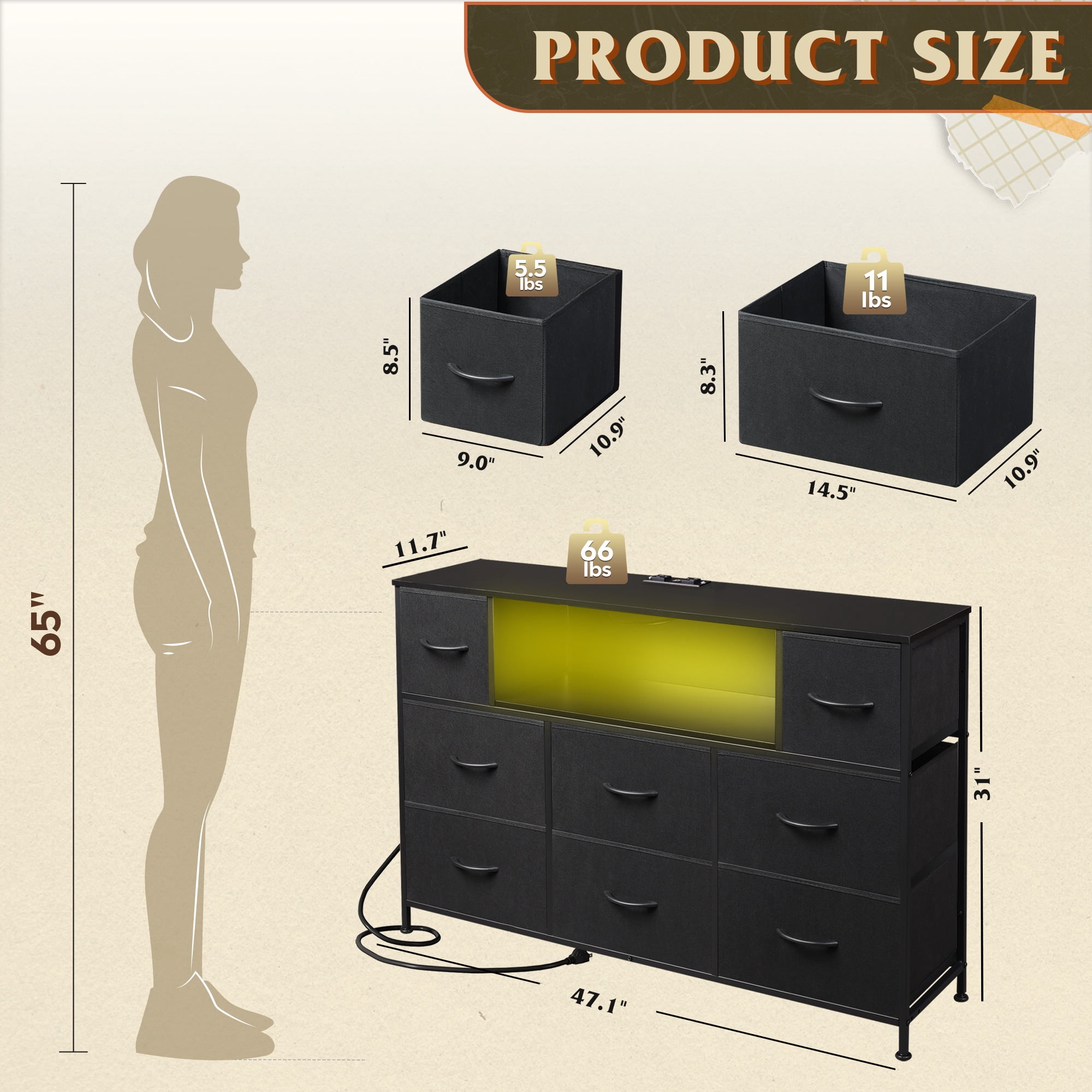 GALAXHERO 8-Drawer Dressers for Bedroom, Dresser TV Stand for 55'' TV with LED Lights and Power Outlets, Fabric Chest of Drawers for Living Room, Entryway, Black