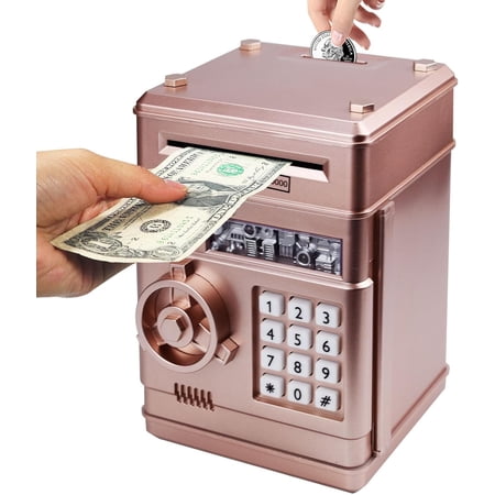 Password Protected Kids ATM Piggy Bank - Electronic Mini Money Safe with Auto-Cash Roller, 4-Digit Code Lock, Durable ABS Plastic, Ideal Gift for Boys & Girls Ages 3-12 (New Rose Gold)