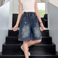 thumbnail image 2 of CAIVO Kids Girls Blue Denim Shorts Summer Loose Fit Casual Knee Length Shorts For Teen Girls Comfortable Stretch Jeans Shorts Cozy Solid Color Bottoms For Holiday Travel, 2 of 6