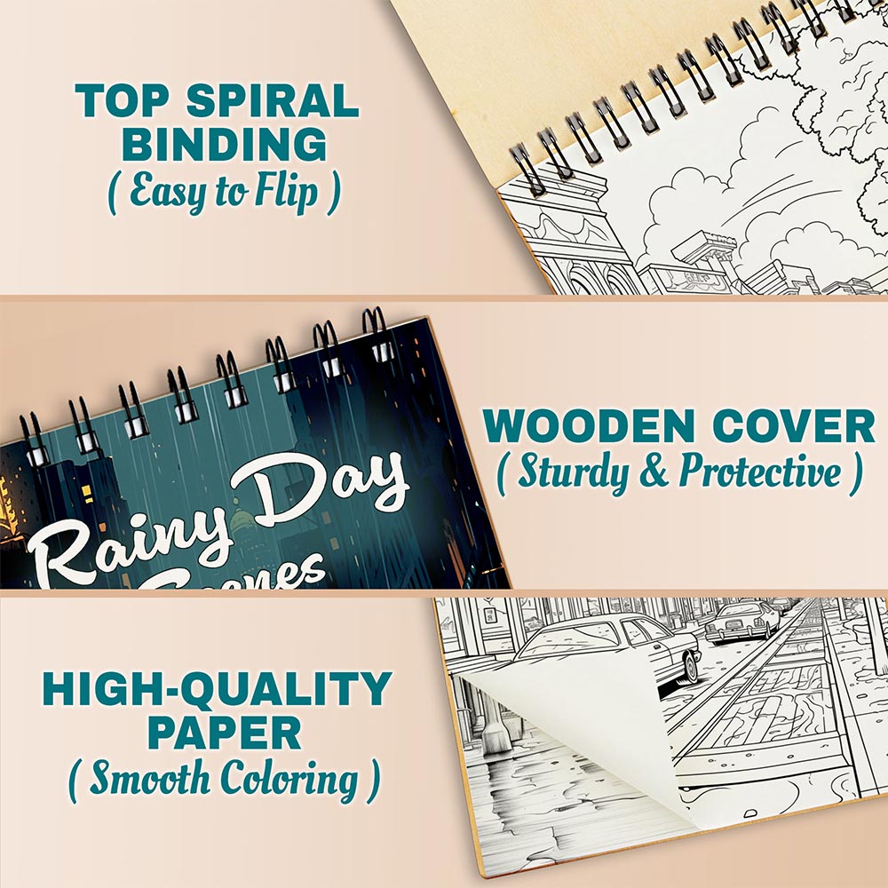 Rainy Day Scenes Coloring Book Spiral Bound For Adults, A5 Wooden Cover, 30 Beautiful Coloring Pages of Streets Under Rain for Stress Relief and Relaxation
