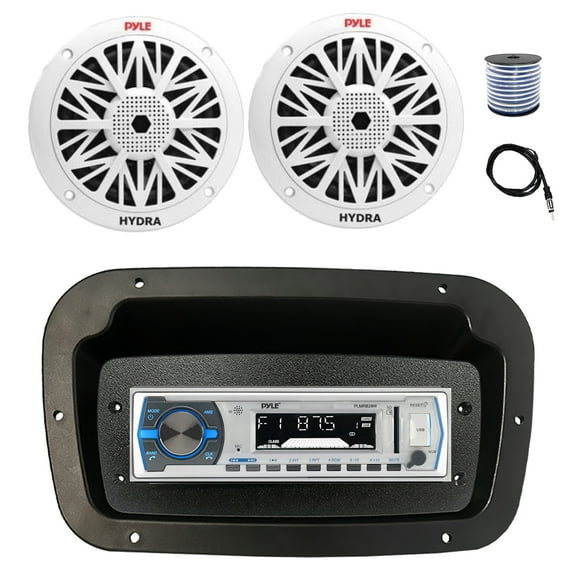Pyle PLMRB29W Single DIN Bluetooth Marine MP3 Stereo Receiver, Spa bezel, Adapter Plate, 22" Radio Antenna, Wire, 2x 8'' 300W Max Full Range Dual Cone Waterproof Stereo Speakers (White)