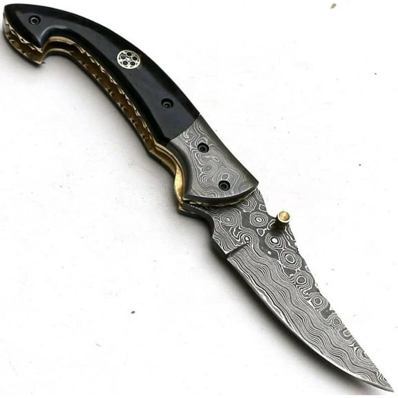 Poshland FNA-32 Handmade Damascus Steel Folding Knife with Black Colored Bone Handle & Sheath