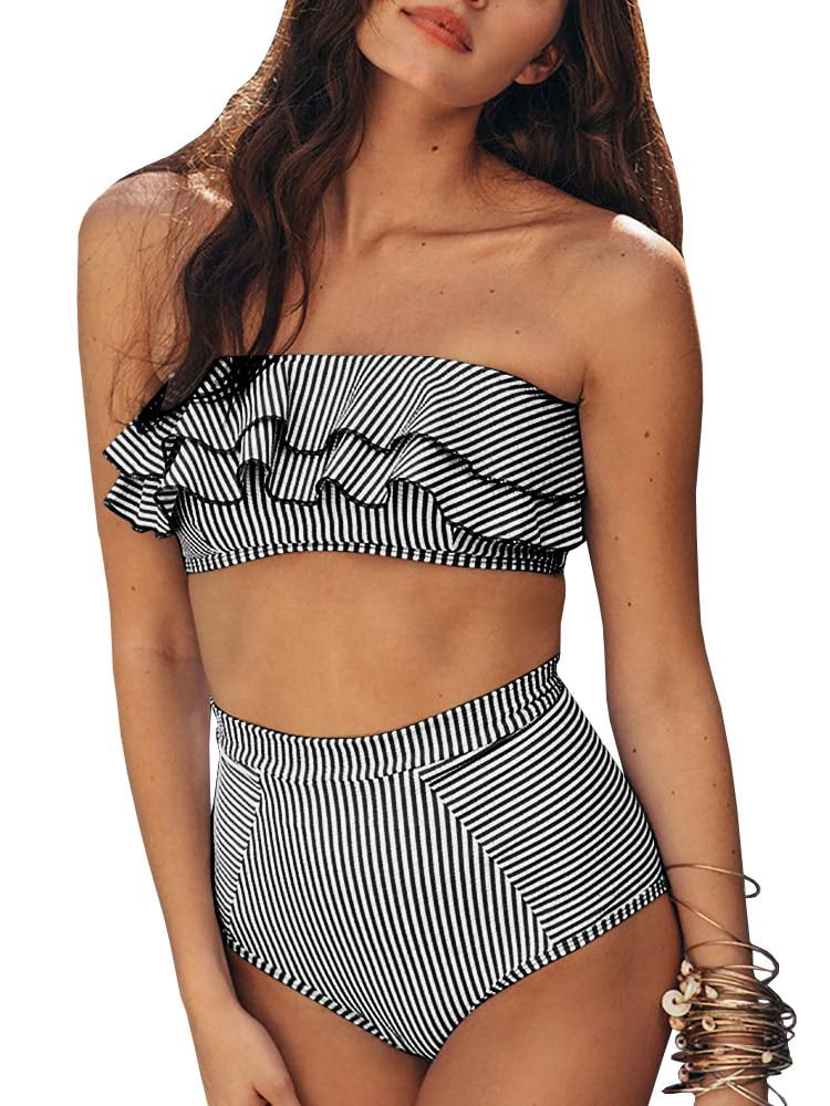 high waisted strapless bikini set