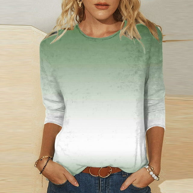 Liquidation d'Été! Fatuov Hauts pour Femmes Grande Taille Manches 3/4 Hauts Mode Dégradé T-Shirts Graphiques Été Col Rond T-Shirts Amples Verts
