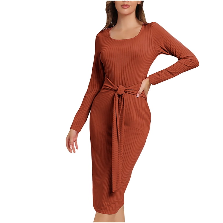 Calafebila Date Night Dresses for Women Long Sleeve Square Neck Solid Color Knee Length Bodycon Dress Formal Ribbed Knit with Belt Long Junior Dresses Calafebila Date Night Dresses for Women Long Sleeve Square Neck Solid Color Knee Length Bodycon Dress Formal Ribbed Knit with Belt Long Junior Dresses