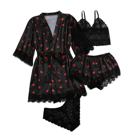 GZWYHT Silk Pajamas Clearance Robes for Women Women s Placket Silk Night Lingerie Women s Tops And Shorts Casual Lips Print Sleepwear Nightdress Bath Robe Women S Sleepwear  Black S