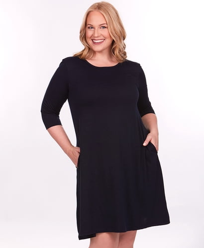 3/4-Sleeve Swing Dress with Pockets-2X 