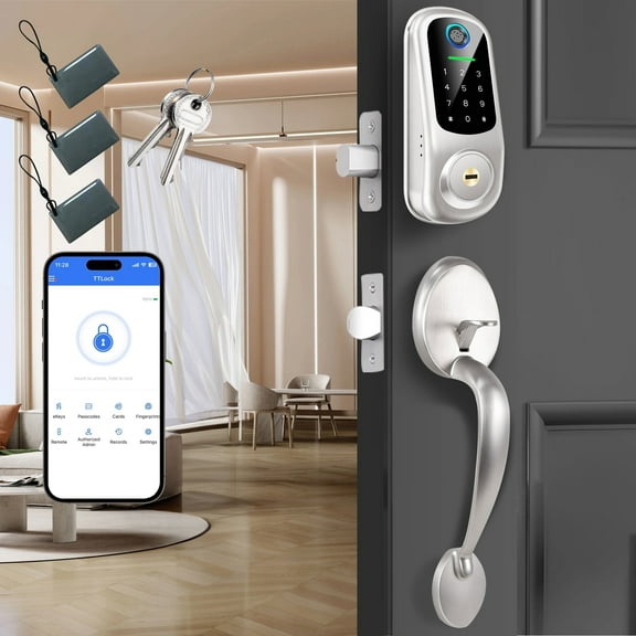 BEBASIA Smart Door Locks for Front Door,Keyless Entry Digital Door Lock with Handle Set,5-in-1 Fingerprint Smart Lock,Smart Deadbolt Lock with Anti-Peep Code,Satin Nickel