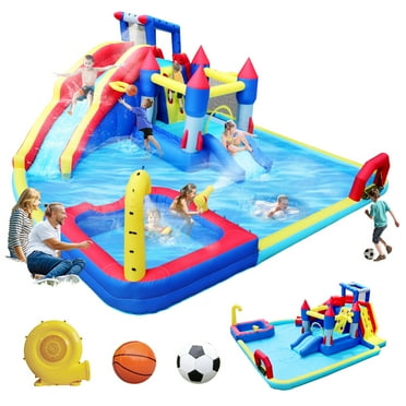 10 in1 Inflatable Water Slide for Kids Backyard, Inflatable Bounce House with Splash Pool & Water Gun & Basketball & Climbing Wall & Dual Pools & Soccer(227 * 205 * 97 inch)