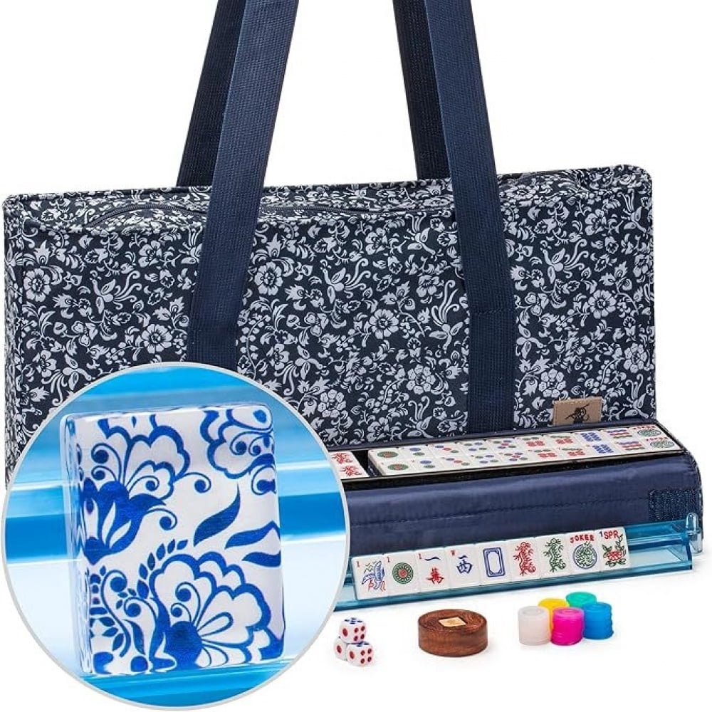 American Mahjong Set - 166 premium white mahjong tiles, 4 integrated tile holders/pushers, canvas bag