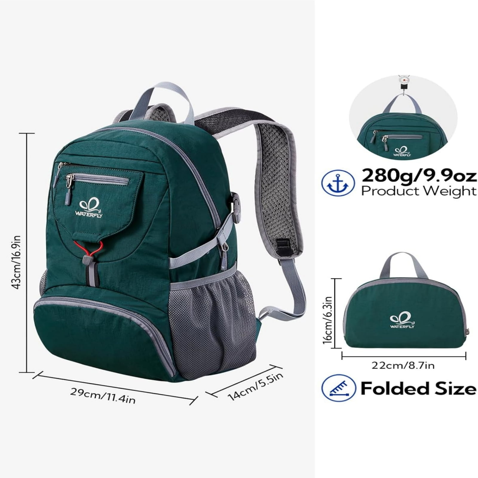 WATERFLY Unisex 20L Small Foldable Packable Travel Hiking Backpacks Daypack,Dark Green