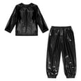 thumbnail image 7 of YiZYiF Kids Shiny Metallic Jazz Hip Hop Dance Outfit 2-Piece Long Sleeve T-Shirt and Harem Pants Set Black 100, 7 of 7