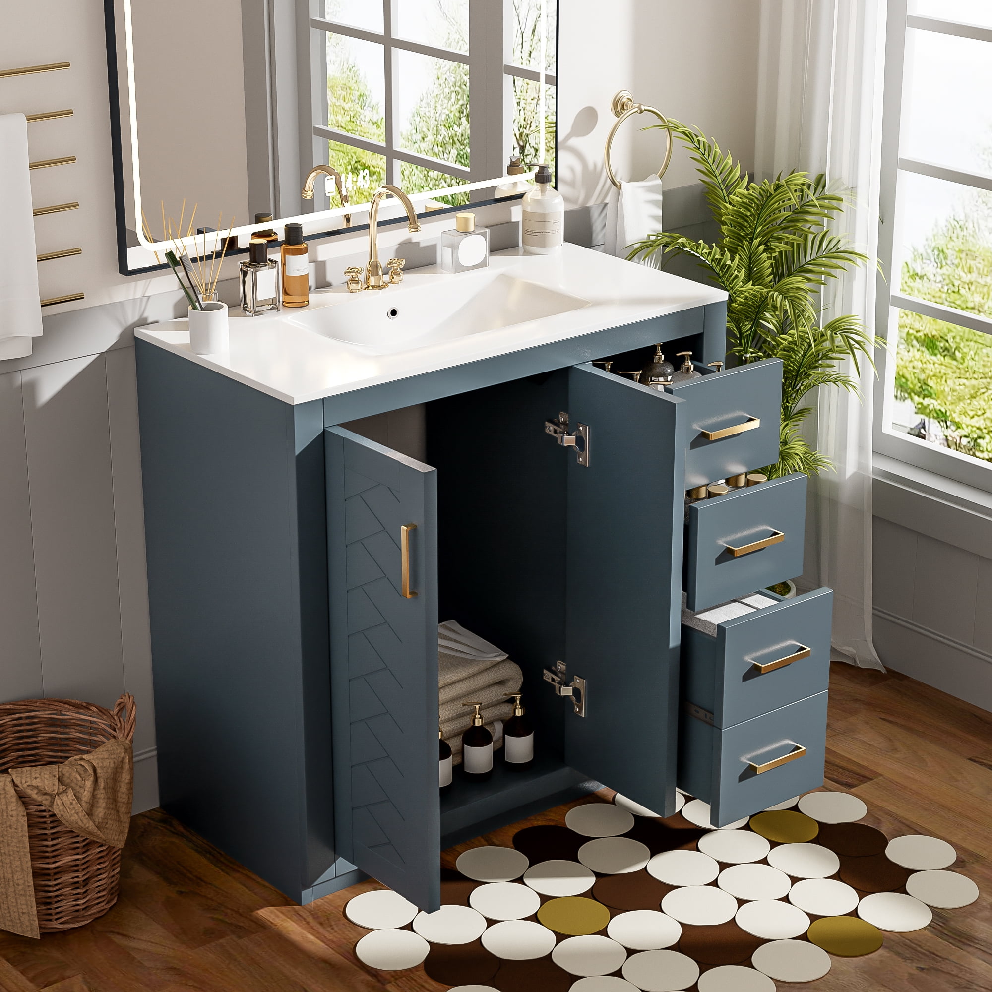 Euroco 36'' Bathroom Vanity with Ceramic Sink Combo, Solid Wood Frame Bathroom Storage Cabinet, Freestanding Vanity Set with 3 Drawers& Soft Closing Doors