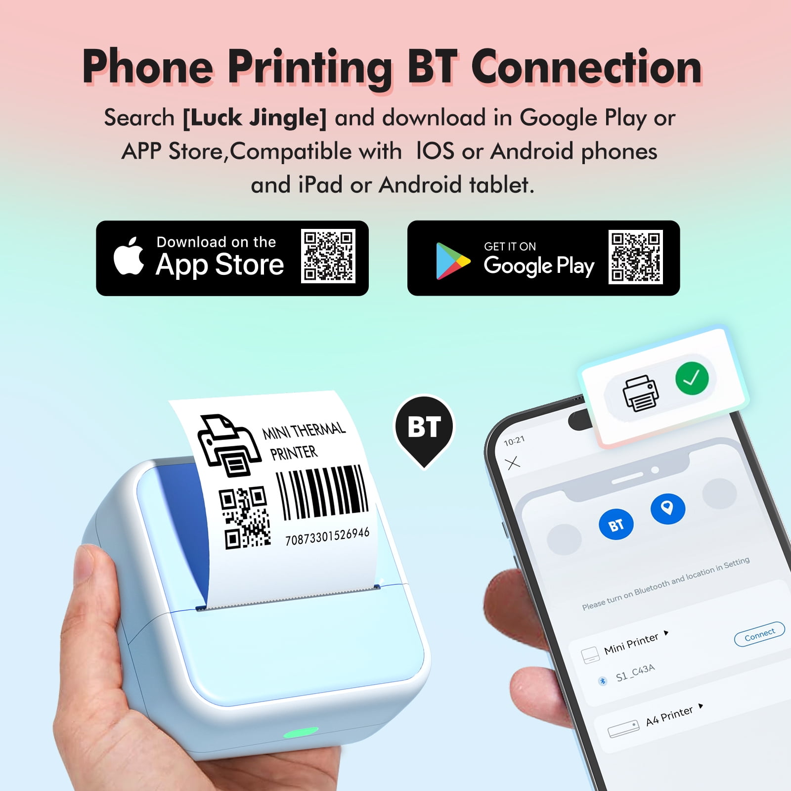 Bluetooth Portable Thermal Printer Inkless Mini Printer Sticker Maker for Phone Study Notes Diagrams & Photos DIY Label