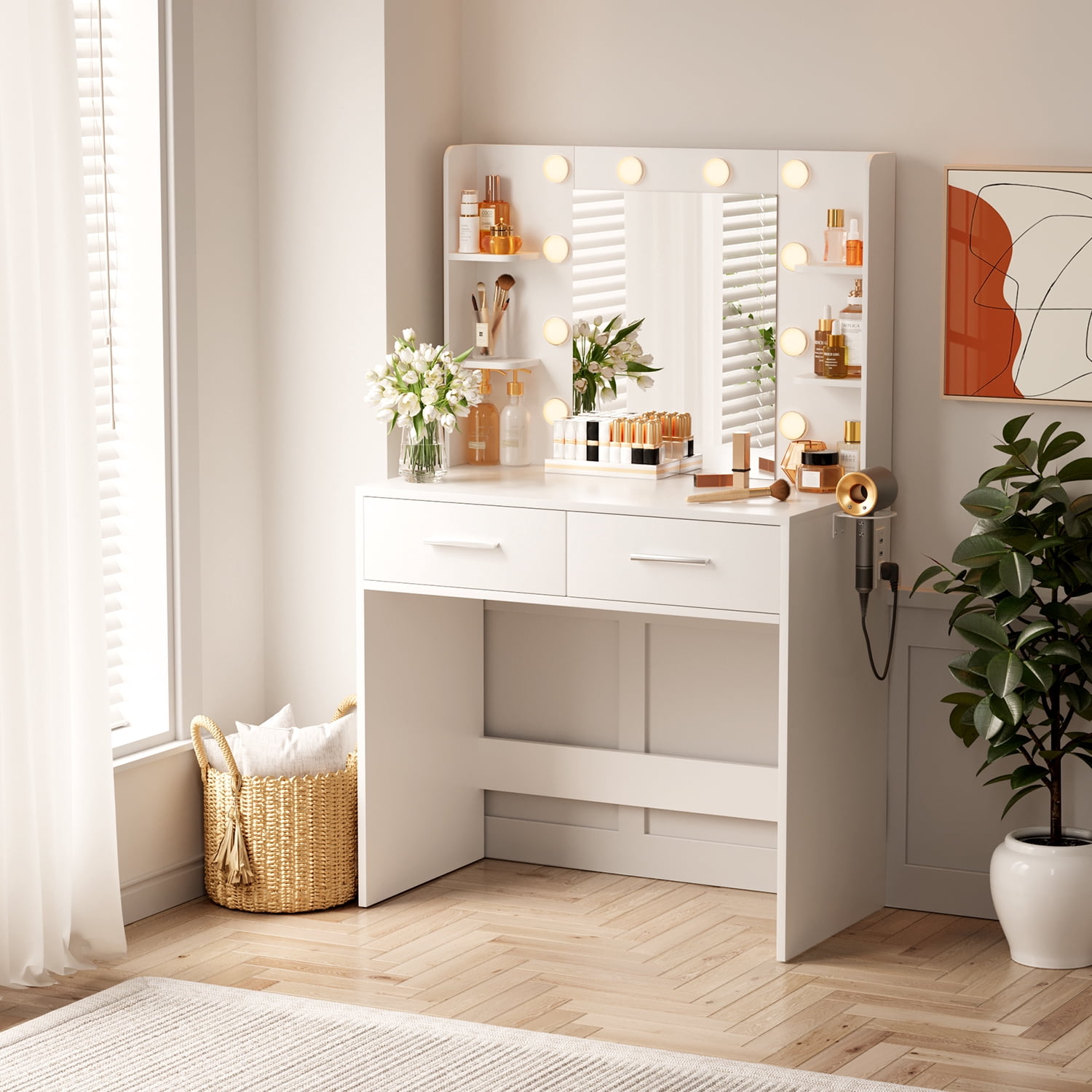 Vineego Makeup Vanity Desk with Lighted Mirror & Power Outlet, Makeup Vanity with 2 Drawers,White
