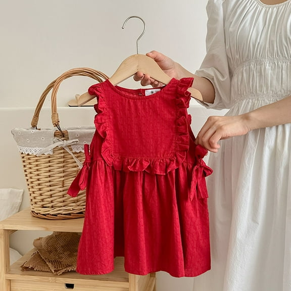 Children Solid Color Loose Girl Ruffle Sleeve Princess Dress Round-Neck Sleeveless Round-Neck Dress Girls For Dresses Cute Summer Dresses