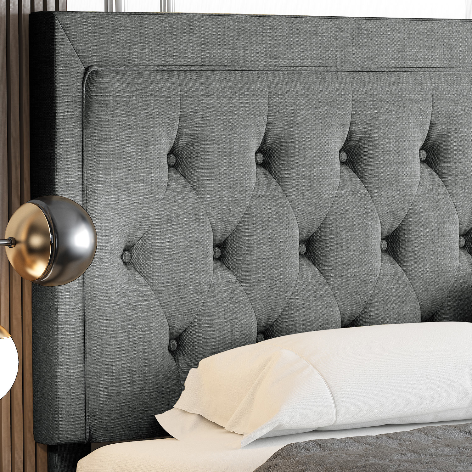 Allewie King Size Fabric Upholstered Bed Frame with Diamond Button Tufted/Adjustable Headboard/Wood Slat Support/Mattress Foundation/Dark Grey