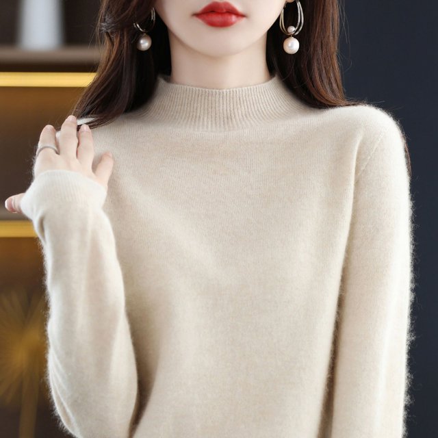 Suéter de lana para mujer, otoño e invierno, suéter de cuello alto medio sin costuras, camisa de punto con parte inferior