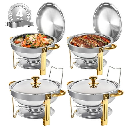Chafing Dishes for Buffet, 4 Pack 5QT Round Stainless Steel Chafing Dish Set for Home Parties, Christmas Gatherings, Catering Events Complete Buffet Warmer Set (Golden silver 4)