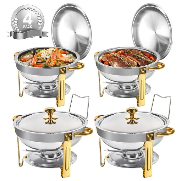 Chafing Dishes for Buffet, 4 Pack 5QT Round Stainless Steel Chafing Dish Set for Home Parties, Christmas Gatherings, Catering Events Complete Buffet Warmer Set (Golden silver 4)