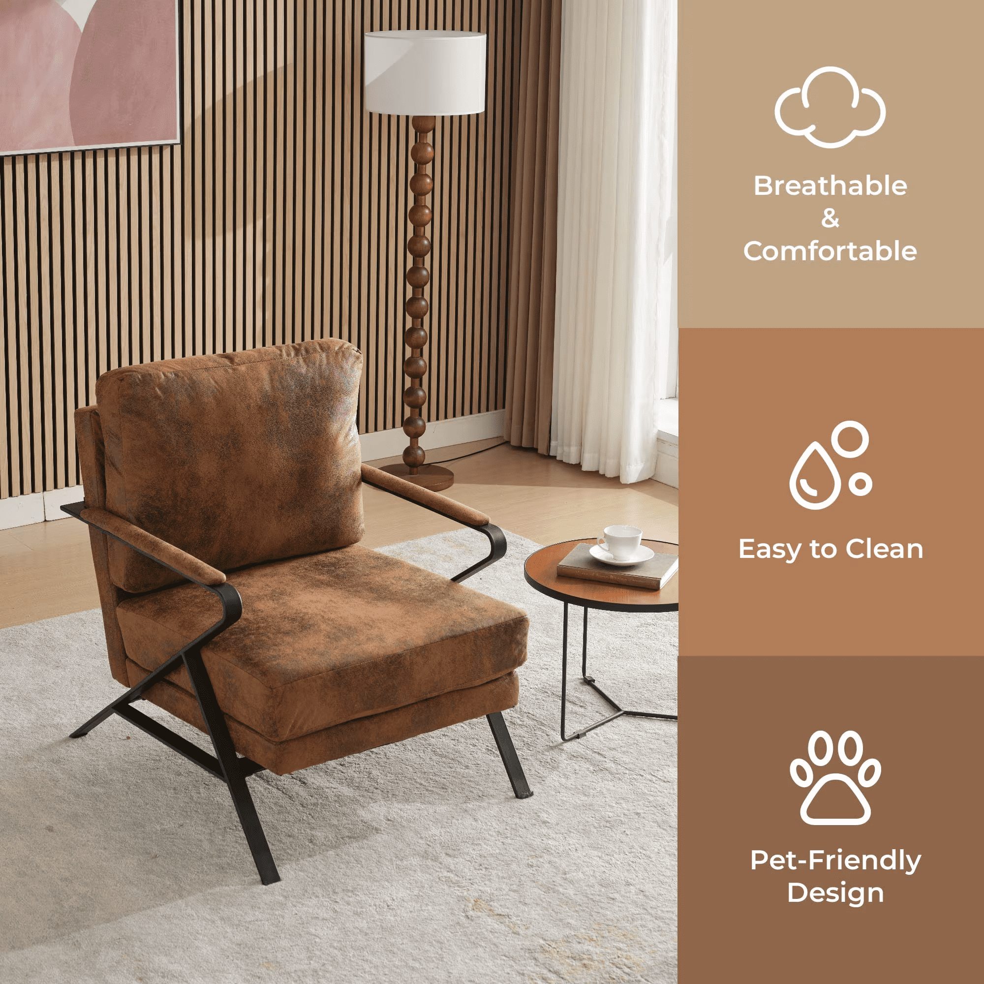 Mid-Century Accent Chair Leather Comfy Lounge Armchair with Metal Frame Living Room Sofa Chair Side Chair, Brown
