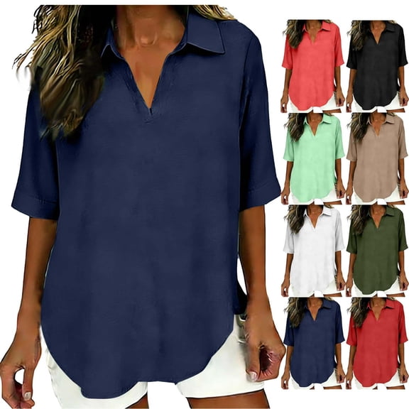 V-Neck Linen Shirt for Women Collared Elbow-Length Tees Shirts Travel Casual Loose Pullover Classic T-Shirt