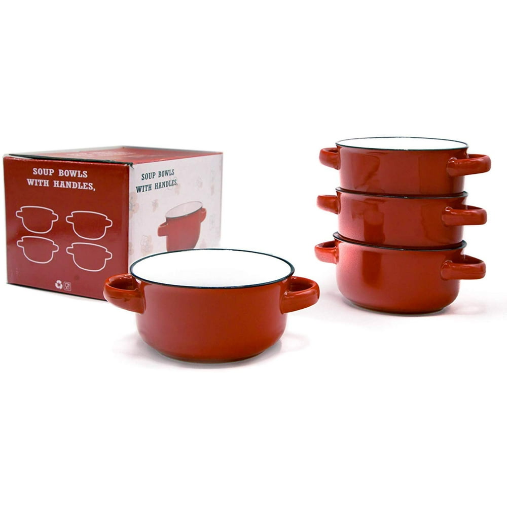 Baking Serving Ceramic Red 16 Oz Soup Bowls with Handles Set of Four