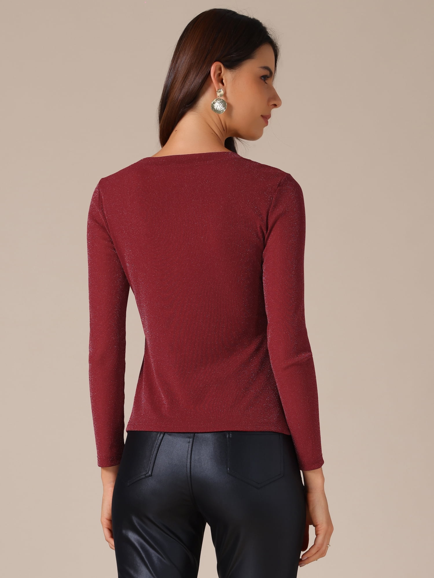 DARING DIVA Women's Long Sleeve Glitter Semi Sheer Shiny Long Sleeve Top S Burgundy