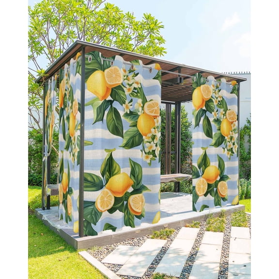 nqOlkjepod Outdoor Curtains for Patio Waterproof, Yellow Lemon Outdoor Privacy Panels Grommet, Rustic Summer Fruit Blue Strip Burlap Blackout Outside Curtains for Porch/Cabana 54"x95", 1 Panel