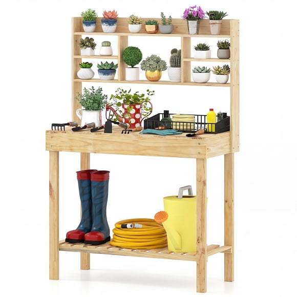 Costway Potting Bench Table Wooden Garden Work Bench Platform with Display Rack Hidden Sink