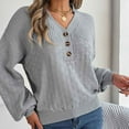 thumbnail image 4 of TFEOQRY Pullover Sweater for Women Hollow Solid Color Casual Button Knitwear Long Sleeved V-Neck Sweater Top Gray, 4 of 8