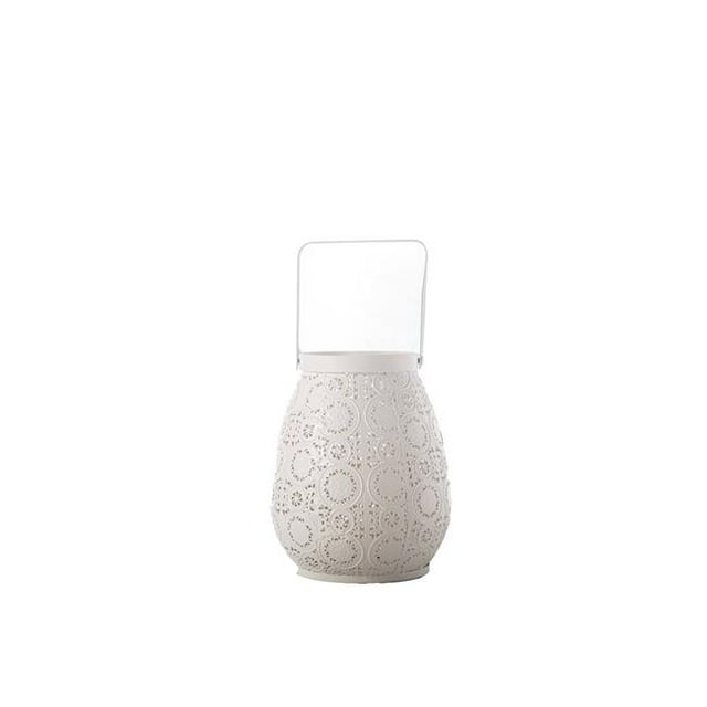 Urban Trends Collection 23307 Metal Round Bellied Lantern with Top Handle & Circled Pinhole Pattern Design Body, Painted White - Small