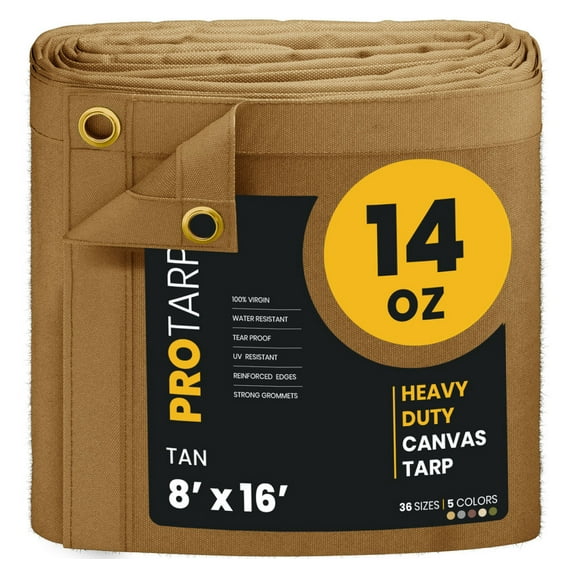 PROTARP Extreme Heavy Duty WaterProof Canvas Tarp 20 oz, UV Resistant Tarpaulin Cover with Rustproof Brass Grommets, Multipurpose for Canopy, Roof, Camping, Wood Pile (Tan 8'X16')