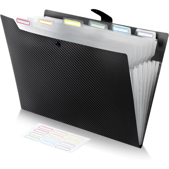 Expanding File Folder with 7 Pockets, Accordion File Organizer Folder with Labels, Portable Folders for Documents, School Office Supplies, Letter A4 Size, Black