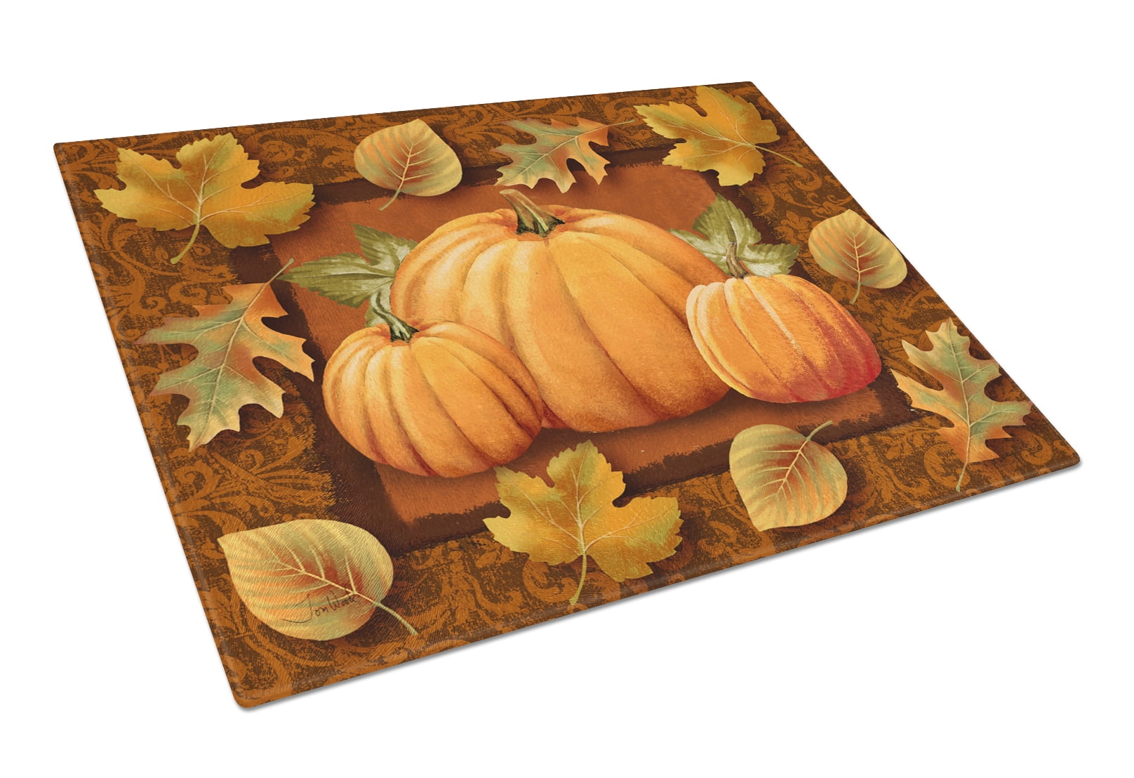 Pumpkins and Fall Leaves Glass Cutting Board Large