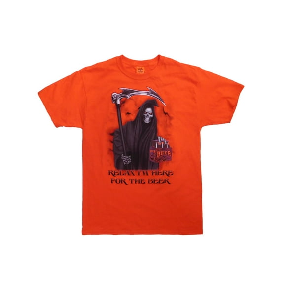 Mens Orange Grim Reaper Here For The Beer Halloween T-Shirt Large