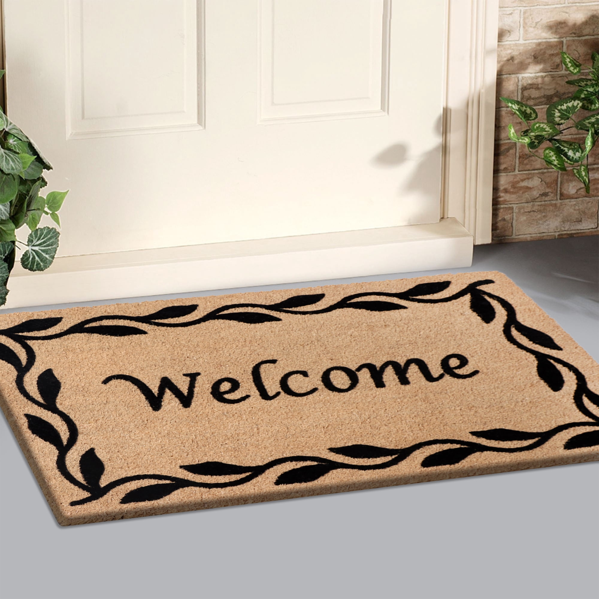 A1HC Natural Coir Flocked Doormat, Black Welcome , 18"x30", Durable Outdoor Mat, Non-Slip, Pet Friendly, Fade Resistant