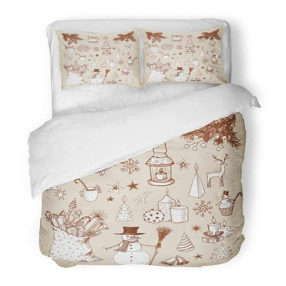 RYLABLUE 3 Piece Bedding Set Sack of Vintage Sketchy Christmas Doodle Sketch Candles Boxes Snowmen Pomanders Ball Twin Size Duvet Cover with 2 Pillowcase for Home Bedding Room Decoration