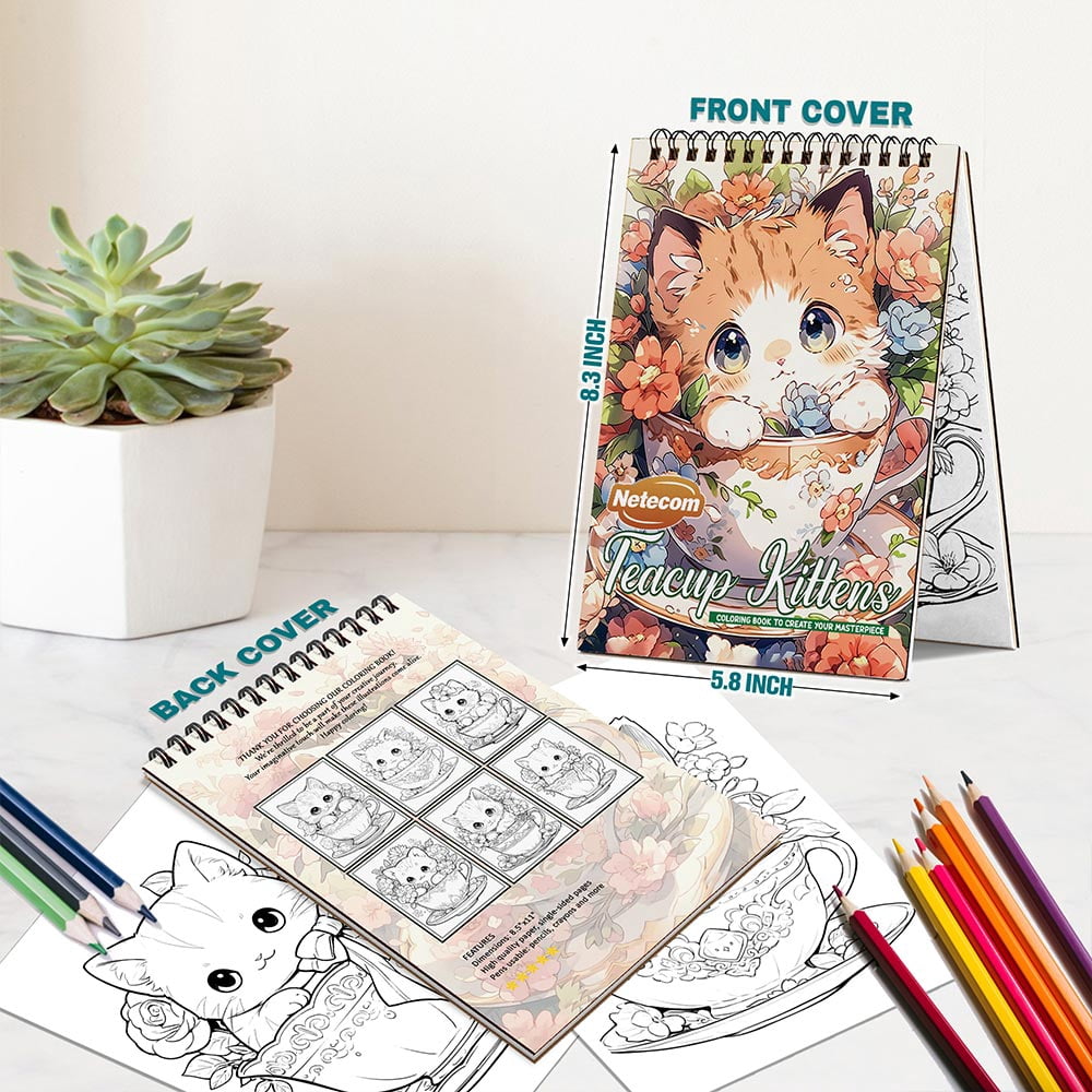 Netecom Teacup Kittens Coloring Book Spiral Bound for Adults, A5 Wooden Cover, 30 Adorable Kittens in Cute Teacups Coloring Pages for Stress Relief and Relaxation