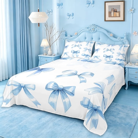 Manfei Blue Princess Bow Full Size Sheets For Girls,Watercolor Bowknot Print Bed Sheets For Kids,4 Pieces