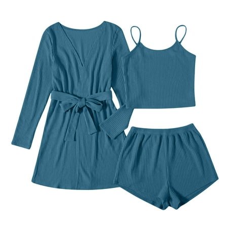 

LONKITO Plus Size Sexy Lingerie Women Plus 3pack Rib-knit Lounge Set Bathrobe Sleepwear Pajamas Underwear Blue XL Gifts
