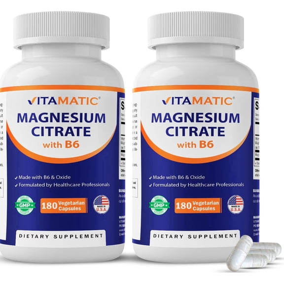 Vitamatic Magnesium Citrate 500mg per Serving - 180 Vegetarian Capsules (Provides 150 mg of Elemental Magnesium) - Added B6 for Maximum Absorption - Supports Muscle, Joint, and Heart Health* - 2 Pack