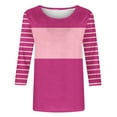 thumbnail image 4 of Wyobmus Women's 3/4 Sleeves V Neck T-Shirts Casual Striped Color Blocked Summer Round Neck Tops Casual Basic Tees Hot Pink, 4 of 4
